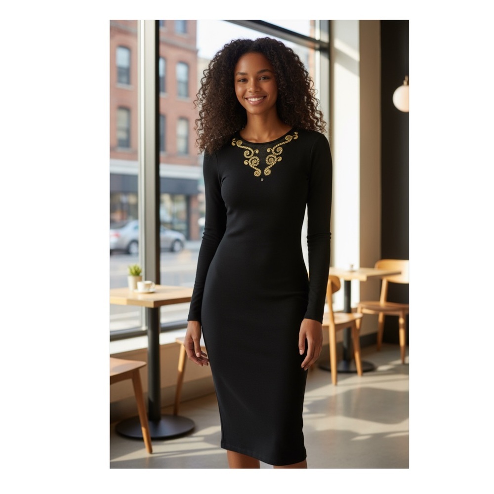 Vintage Wool Blend MIDI black bodycon dress with gold Embroidery Open Back
